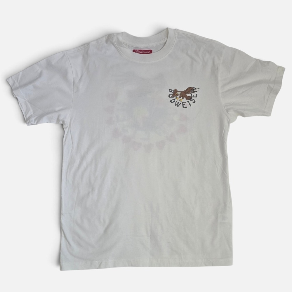 PacSun White T-Shirt Budweiser Eagle Globe Hearts Graphic Tee Medium